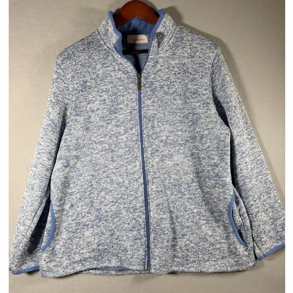 Stan Herman Womens XL Blue Heathered Sweater Fleece Full Zip Jacket Mock Neck